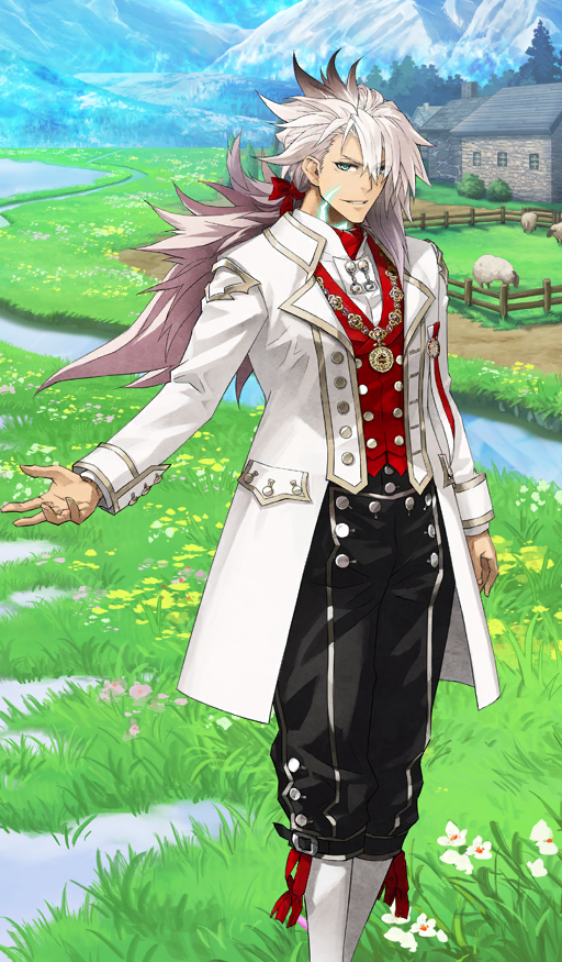 1boy arm_at_side ascot black_pants blue_eyes bow building buttons cheek_tattoo coat commentary day double-breasted fate/grand_order fate_(series) feet_out_of_frame glowing_tattoo gotterdammerung_(fate/grand_order) grass hair_bow hair_over_one_eye konoe_ototsugu lapels long_hair long_sleeves looking_to_the_side low_ponytail male_focus medallion mountain nature neck_tattoo official_art open_clothes open_coat outdoors pants parted_lips ponytail red_ascot red_bow red_vest sheep shirt siegfried_(dream_portrait)_(fate) siegfried_(fate) smile socks solo standing stream tattoo teeth third-party_source unbuttoned vest waistcoat white_coat white_hair white_shirt white_socks