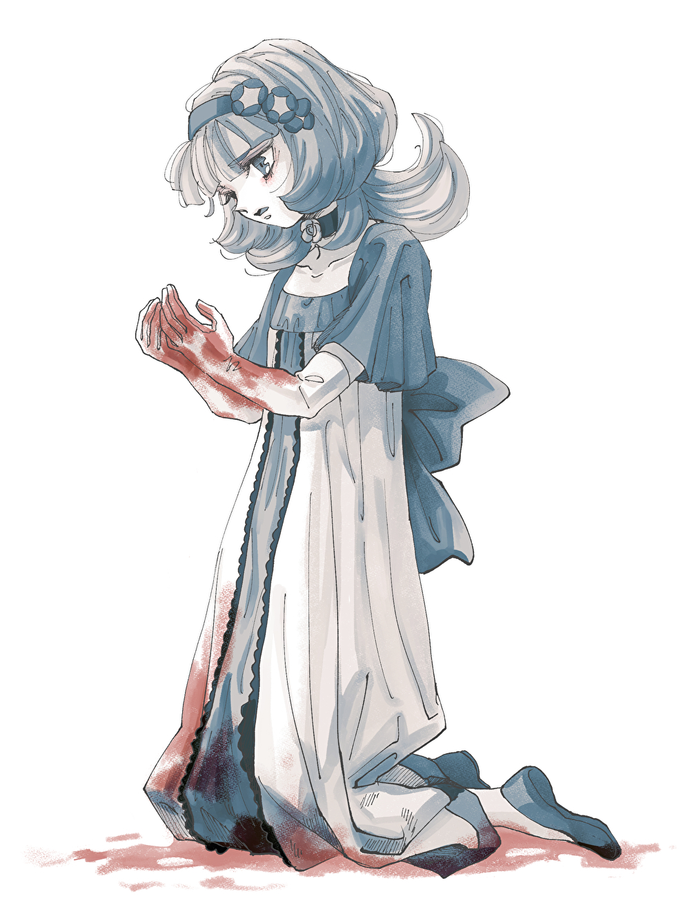 1girl almiria_bauduin blood blood_on_clothes blood_on_hands blood_stain choker dress full_body gundam gundam_tekketsu_no_orphans hairband highres kneeling long_hair looking_at_hands matsuko_(mrimri3) monochrome parted_lips simple_background solo spot_color white_background