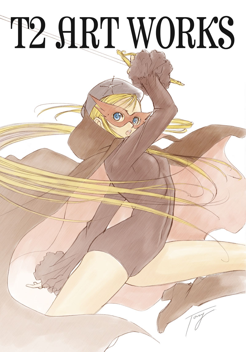 1970s_(style) 1girl artist_name beret blonde_hair blue_eyes boots cape female_focus hat hat_ornament holding holding_sword holding_weapon jumping la_seine_no_hoshi leg_up leotard long_hair mask oldschool open_mouth retro_artstyle simone_(la_seine_no_hoshi) solo sunrise_(company) sword tony_taka very_long_hair weapon