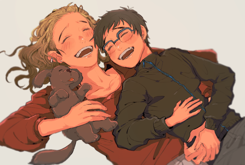 10s 1boy 1girl ^_^ bad_id bad_pixiv_id black_hair blonde_hair blue-framed_eyewear brother_and_sister closed_eyes dog closed_eyes glasses jacket katsuki_mari katsuki_yuuri open_mouth rikyuu siblings smile tongue tongue_out track_jacket vicchan aged_down yuri!!!_on_ice