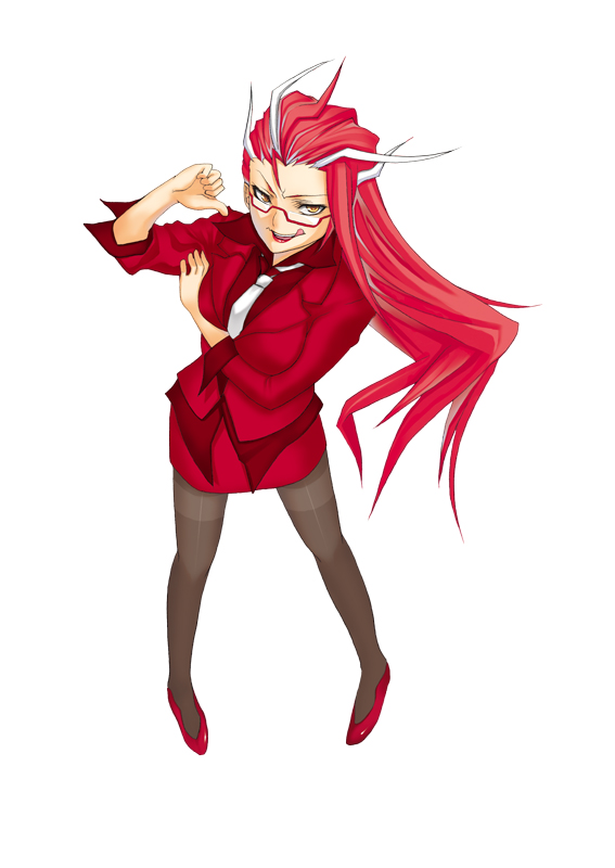 1girl char female_focus formal_clothes glasses long_hair multicolored_hair necktie office_lady pantyhose pencil_skirt red_hair skirt skirt_suit solo suit tongue
