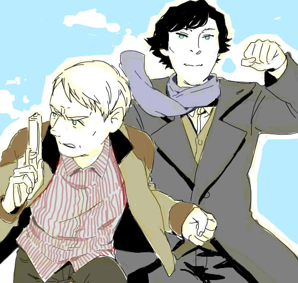 2boys a-ka coat john_hamish_watson looking_back multiple_boys oekaki overcoat running scarf sherlock_(bbc) sherlock_(bbc_series) sherlock_holmes sherlock_holmes_(sherlock) the_adventures_of_sherlock_holmes
