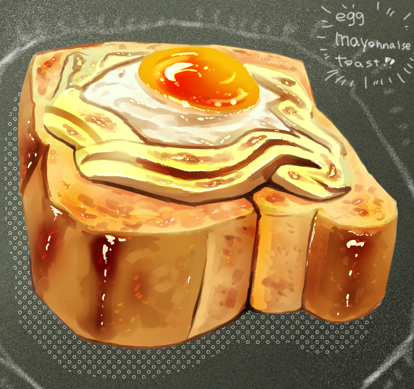 bread bread_slice commentary_request egg_(food) egg_yolk food food_focus food_name fried_egg mayonnaise no_humans original toast wadapen