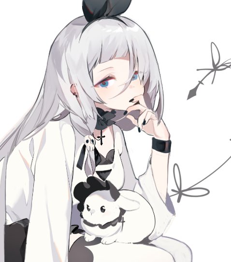 1girl animal animal_on_lap arin_(fanfan013) black_bow black_choker black_hairband black_nails black_skirt blue_eyes blunt_bangs bow choker commentary covered_mouth cowboy_shot cross cross_choker eyelashes eyeshadow frilled_choker frills grey_ribbon hair_between_eyes hair_bow hairband leaning_forward long_hair long_sleeves looking_at_viewer makeup miniskirt nail_polish on_lap original rabbit ribbon shirt simple_background skirt solo symbol-only_commentary tail tail_ornament tail_ribbon thighhighs white_background white_hair white_shirt white_thighhighs