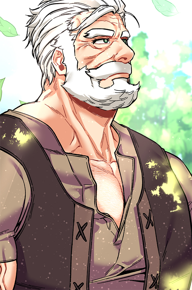 1boy bara bare_pectorals beard blurry blurry_background collared_shirt facial_hair green_eyes jacket leaf leopold_(senjuushi) liebling looking_to_the_side male_focus manly mature_male muscular muscular_male old old_man outdoors pectorals shirt sleeveless sleeveless_jacket solo thick_eyebrows tree user_cesh5454 white_hair
