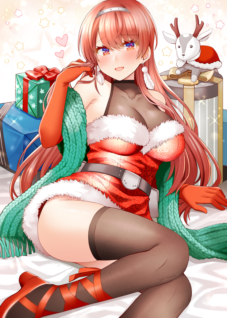 1girl ass belt black_belt black_thighhighs breasts christmas dress earrings elbow_gloves feather_earrings feathers fur-trimmed_dress fur_trim gift gloves goat hairband heart high_heels jewelry kantai_collection large_breasts long_hair looking_at_viewer nevada_(kancolle) open_mouth red_eyes red_footwear red_gloves red_hair rui_shi_(rayze_ray) santa_costume santa_dress short_dress sleeveless sleeveless_dress solo thighhighs very_long_hair