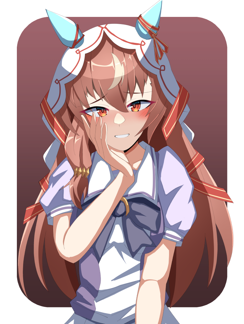 1girl animal_ears blush breasts brown_hair collarbone hair_between_eyes hair_ornament horse_ears horse_girl horse_tail ishitsuma_canon looking_at_viewer red_eyes ribbon school_uniform simple_background small_breasts solo still_in_love_(umamusume) tail umamusume veil
