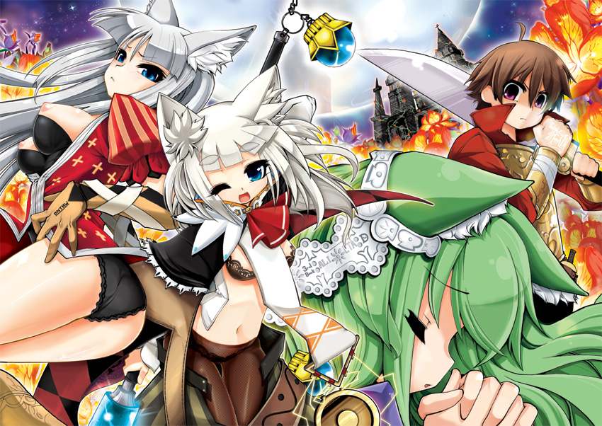 1boy 3girls 7th_dragon 7th_dragon_(series) animal_ears arietta_(7th_dragon) black_panties boon_(7th_dragon) cape cat_ears fighter_(7th_dragon) floro_(7th_dragon) ikurakun_(7th_dragon) long_hair mage_(7th_dragon) multiple_girls panties ruha69 short_hair sword underwear weapon white_hair