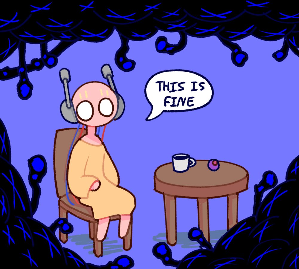 1boy androgynous barefoot blue_background cable chair coffee_mug colored_skin commentary cup english_commentary english_text facial_mark five_pebbles forehead_mark humanoid_robot iterator_(rain_world) koifishz0 meme mug o_o pearl_(rain_world) pink_skin rain_world robot robot_ears rot_(rain_world) sitting speech_bubble table this_is_fine_(meme) wide-eyed yellow_cloak