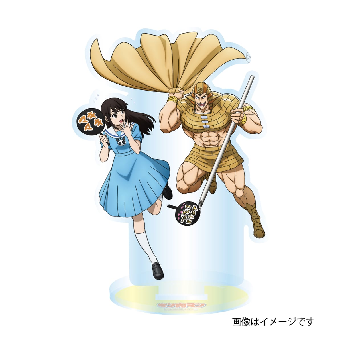 1boy 1girl biceps dress egyptian floating full_body grin highres kinnikuman long_hair looking_at_another manly mask mister_khamen muscular official_art open_mouth pectorals promotional_art real_life running sharp_teeth smile teeth translation_request uesaka_sumire white_background wrestling wrestling_mask wrestling_outfit