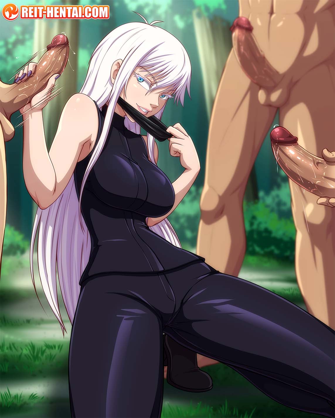 1girl 2boys blue_eyes faceless faceless_male genderswap genderswap_(mtf) gojou_satoru highres jujutsu_kaisen masturbation multiple_boys reit tagme watermark white_hair