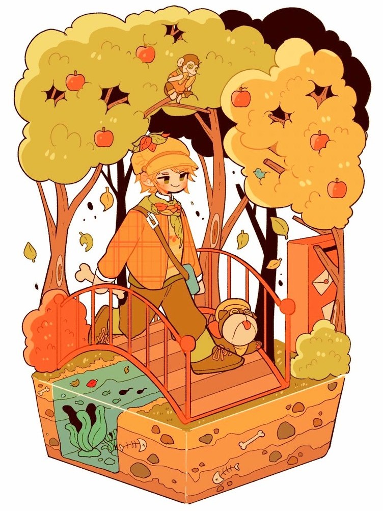 1boy apple apple_tree autumn_leaves bag bird blonde_hair bone bridge brown_pants bush closed_mouth collared_shirt diorama dirt dog falling_leaves faux_figurine fish fish_skeleton food fruit full_body grass green_eyes green_scarf green_socks holding holding_bone identity_v isometric jacket leaf leaf_on_head long_sleeves male_focus monkey official_alternate_costume orange_jacket outdoors pants plaid_clothes plaid_jacket postbox_(outgoing_mail) river rock satchel scarf seaweed shirt short_hair simple_background smile socks solo sweater tadpole tree undershirt victor_grantz victor_grantz_(autumn_reverie) walking white_background white_shirt whybe123 wick_(identity_v) yellow_headwear