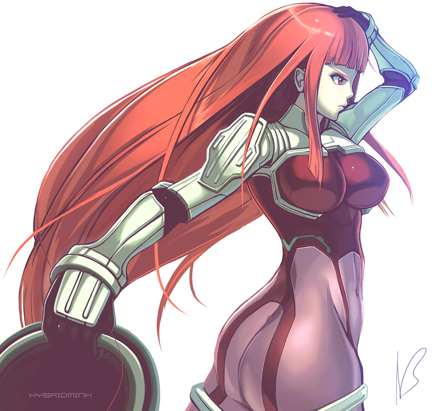 1girl ass blunt_bangs bodysuit breasts closed_mouth covered_navel frown gloves hand_on_own_head helmet holding holding_helmet hybridmink ken_marinaris long_hair looking_to_the_side medium_breasts orange_hair paid_reward_available pilot_suit pink_bodysuit red_bodysuit red_eyes skin_tight solo unworn_headwear very_long_hair white_background zone_of_the_enders zone_of_the_enders_2