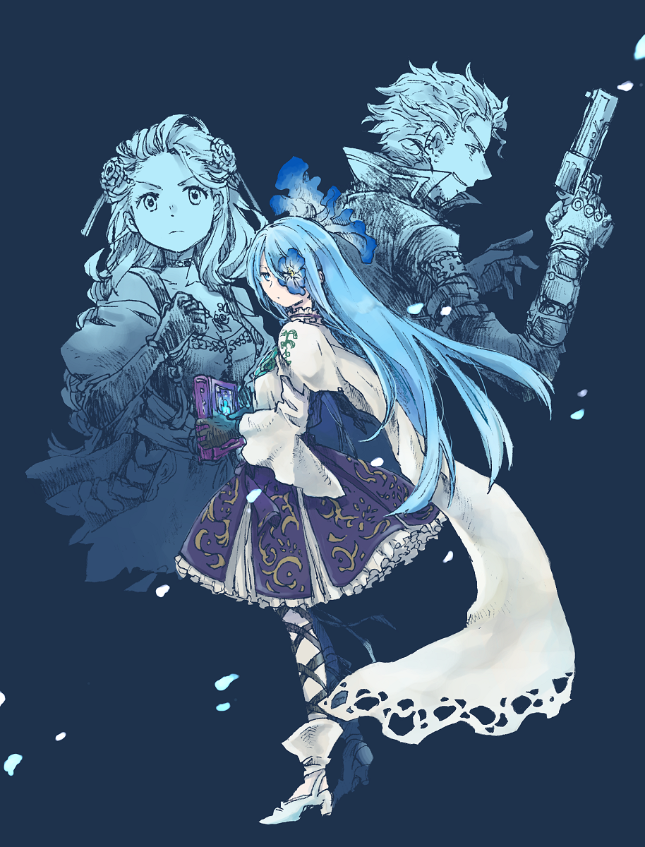 1boy 2girls another_eden black_gloves black_ribbon blue_background blue_eyes blue_flower blue_hair book breasts cape choker cleavage clenched_hand closed_mouth collarbone commentary_request cynthia_(another_eden) dot_mouth elbow_gloves falling_petals floating_hair flower flower_over_eye flower_request frilled_choker frilled_skirt frills from_side frown full_body gloves grin gun hair_flower hair_ornament hand_up handgun hands_up hardy_(another_eden) hatching_(texture) high_heels highres holding holding_book holding_gun holding_weapon jacket layered_skirt leg_ribbon linear_hatching long_hair long_sleeves looking_at_viewer looking_to_the_side medium_breasts michibata_65 multiple_girls one_eye_covered pantyhose petals petticoat popped_collar print_skirt profile puffy_short_sleeves puffy_sleeves purple_skirt revolver ribbon shirt shoes short_hair short_sleeves simple_background skirt smile sophia_(another_eden) spiked_hair standing turning_head v-shaped_eyebrows very_long_hair weapon white_cape white_choker white_pantyhose white_shirt white_shoes wide_sleeves