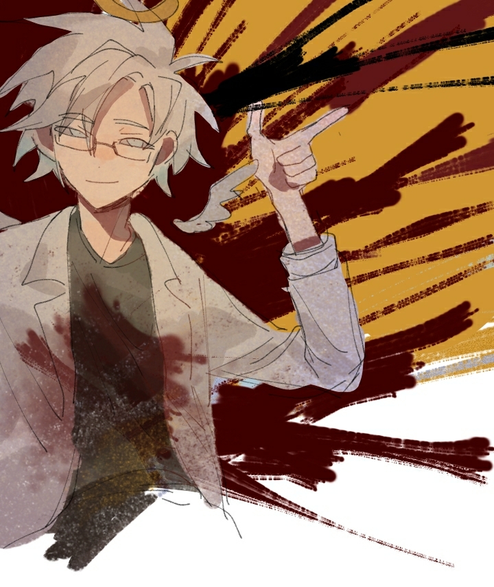 1boy beiquqian blood blood_on_clothes chinese_commentary closed_mouth commentary_request cropped_torso finger_gun glasses green_shirt halo hand_up kanou_aogu lab_coat long_sleeves male_focus open_clothes rectangular_eyewear saibou_shinkyoku semi-rimless_eyewear shirt sketch smile solo white_eyes white_hair