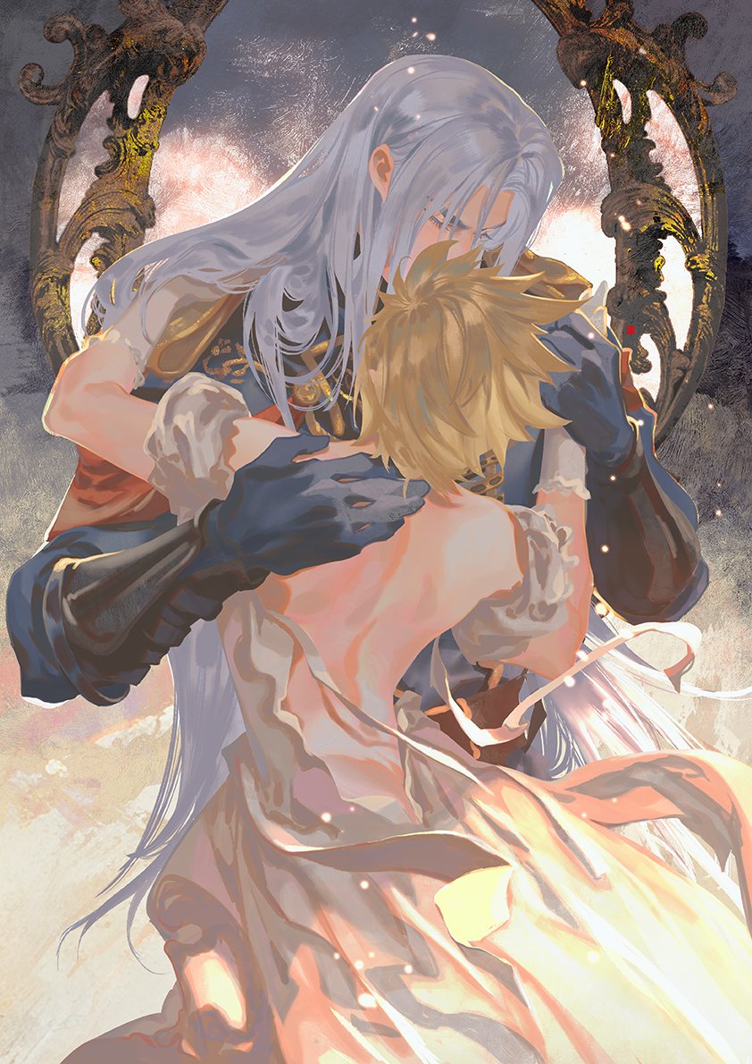 2boys arched_back aristocratic_military_dress_uniform arm_armor backless_dress backless_outfit belt black_gloves blonde_hair closed_eyes cloud_strife commentary_request couple crossdressing dress dress_ribbon elbow_gloves final_fantasy final_fantasy_vii final_fantasy_vii_remake gloves grey_dress grey_hair hand_on_another&#039;s_back hands_on_another&#039;s_shoulders jacket long_bangs long_hair male_focus military_jacket military_uniform multiple_boys official_alternate_costume parted_bangs sephiroth sephiroth_(shinra_formal_uniform) short_hair shoulder_boards spiked_hair standing toned toned_male uhsjfbnzw96p6rz upper_body very_long_hair yaoi