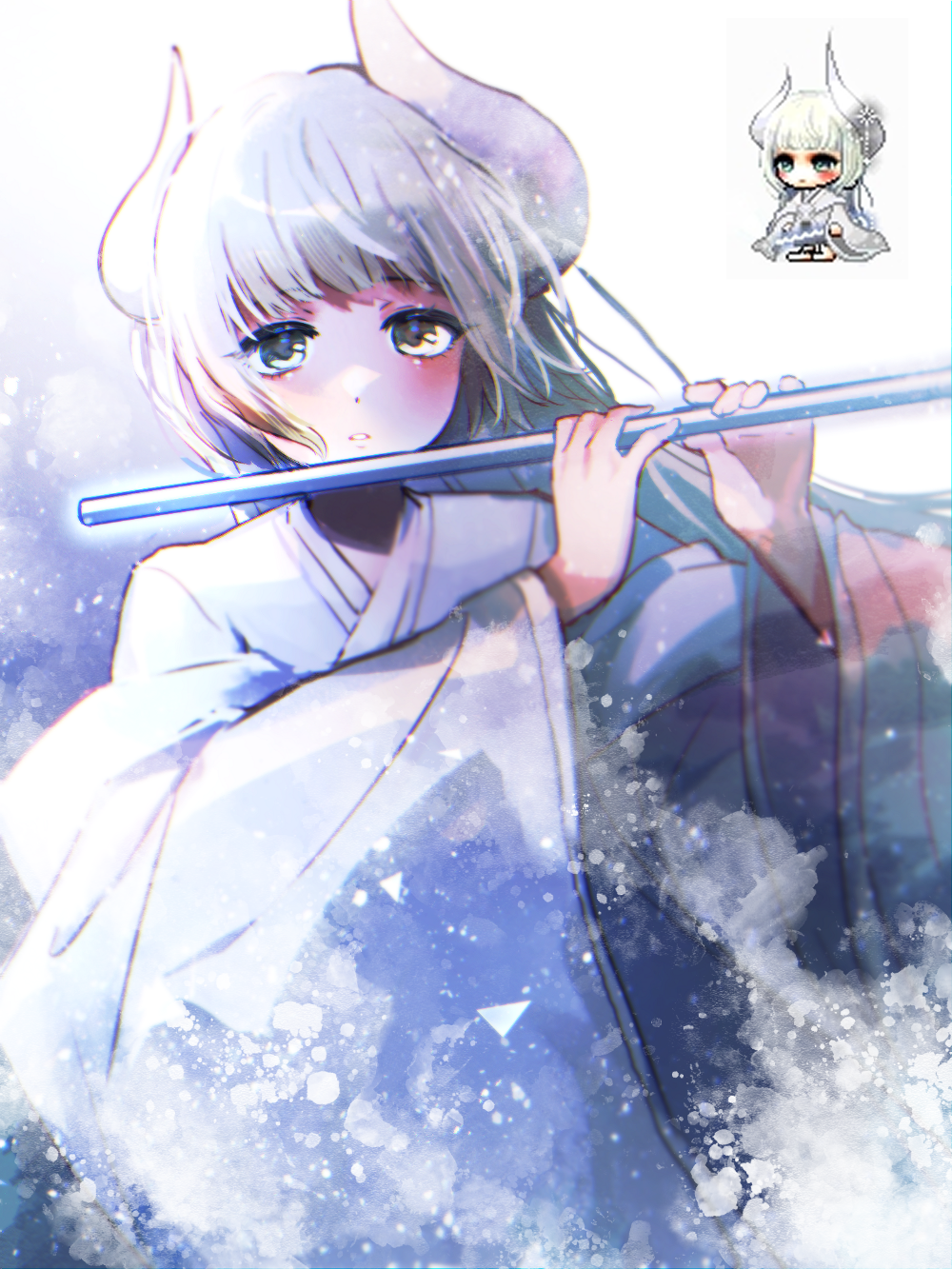 1girl asymmetrical_horns character_request chibi flute grey_eyes grey_hair heterochromia highres holding holding_instrument horns instrument japanese_clothes kimono leafwow long_hair long_sleeves looking_at_viewer maplestory parted_lips reference_inset very_long_hair white_kimono wide_sleeves yellow_eyes
