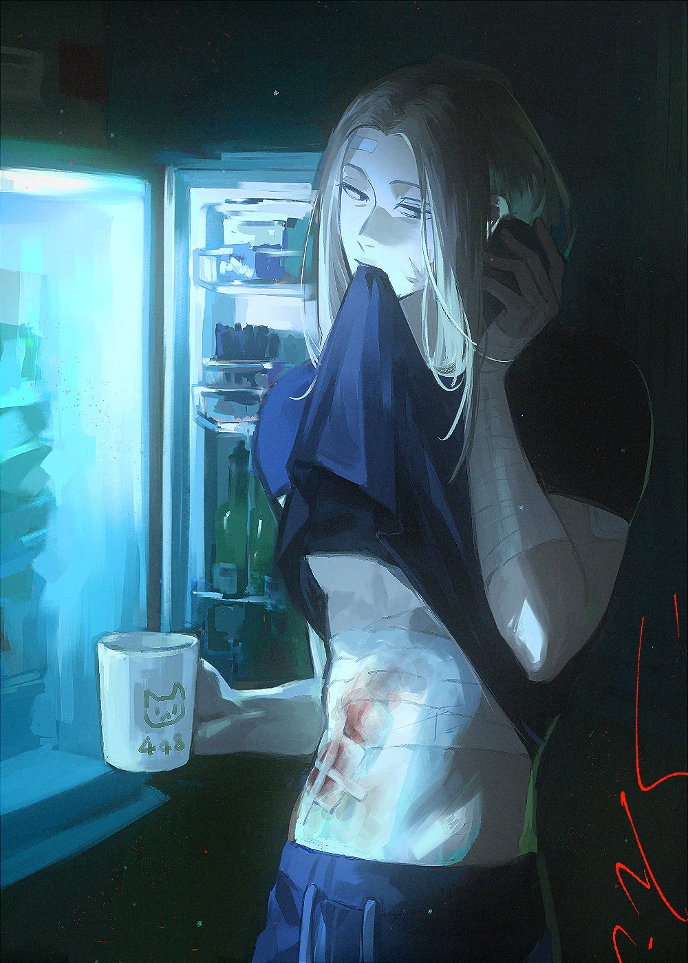 1boy 5a1_uei animal_print bandaid bandaid_on_arm bandaid_on_face bandaid_on_forehead bandaid_on_stomach black_pants black_shirt blonde_hair blood_on_stomach cat_print cellphone clothes_in_mouth clothes_pull cup facial_scar highres holding holding_cup holding_phone indoors light_particles long_hair looking_down looking_to_the_side male_focus mug pants phone print_mug refrigerator sakamoto_days scar scar_on_cheek scar_on_face shirt shirt_pull shishiba_(sakamoto_days) smartphone solo t-shirt upper_body