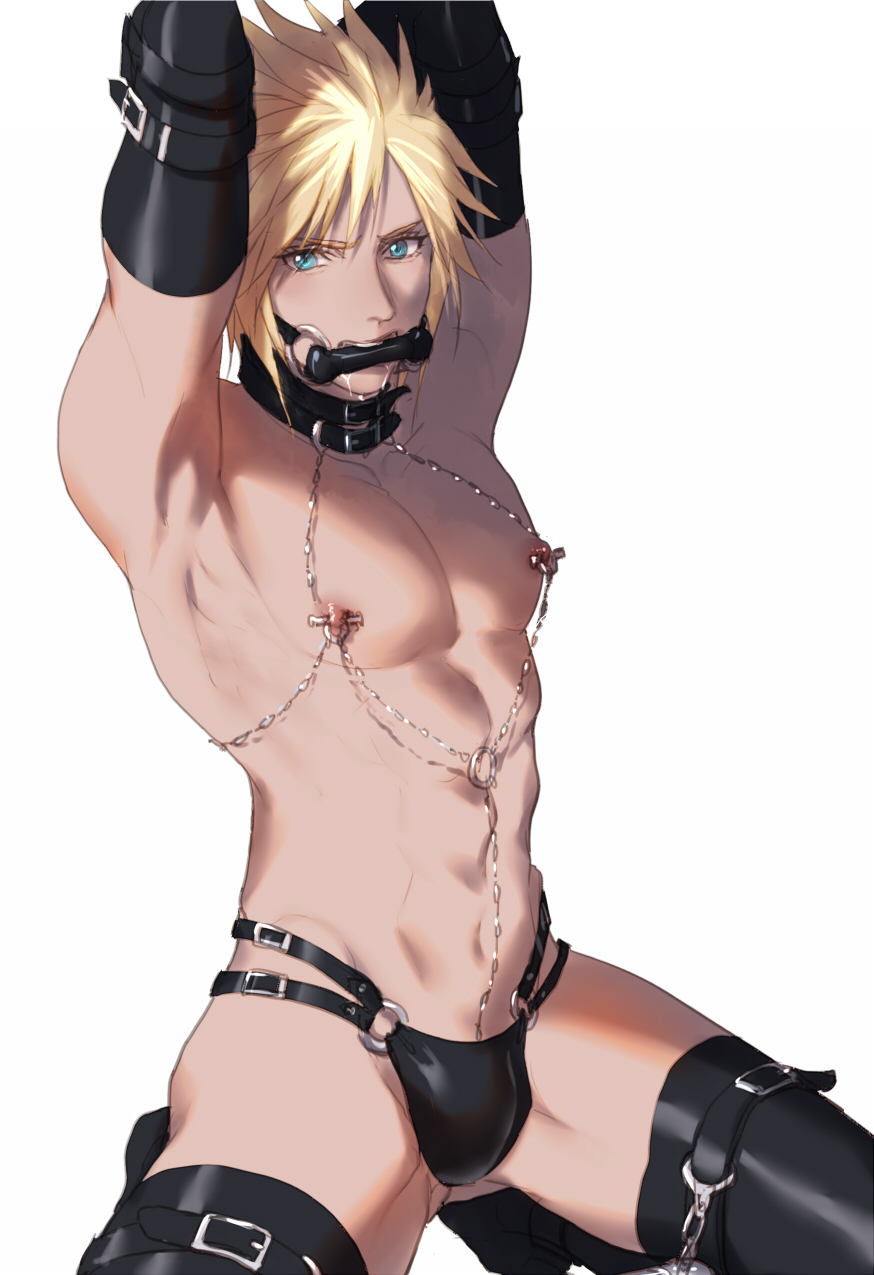 1boy abs arm_belt armpits arms_up bdsm belt belt_buckle belt_collar bit_gag black_belt black_collar blonde_hair blue_eyes buckle bulge cloud_strife collar commentary eilinna english_commentary final_fantasy final_fantasy_vii final_fantasy_vii_remake gag groin highres looking_to_the_side male_focus navel nipple_piercing nipples over-kneehighs pectorals piercing saliva short_hair sideways_glance solo teeth thigh_belt thigh_strap thighhighs thong underwear