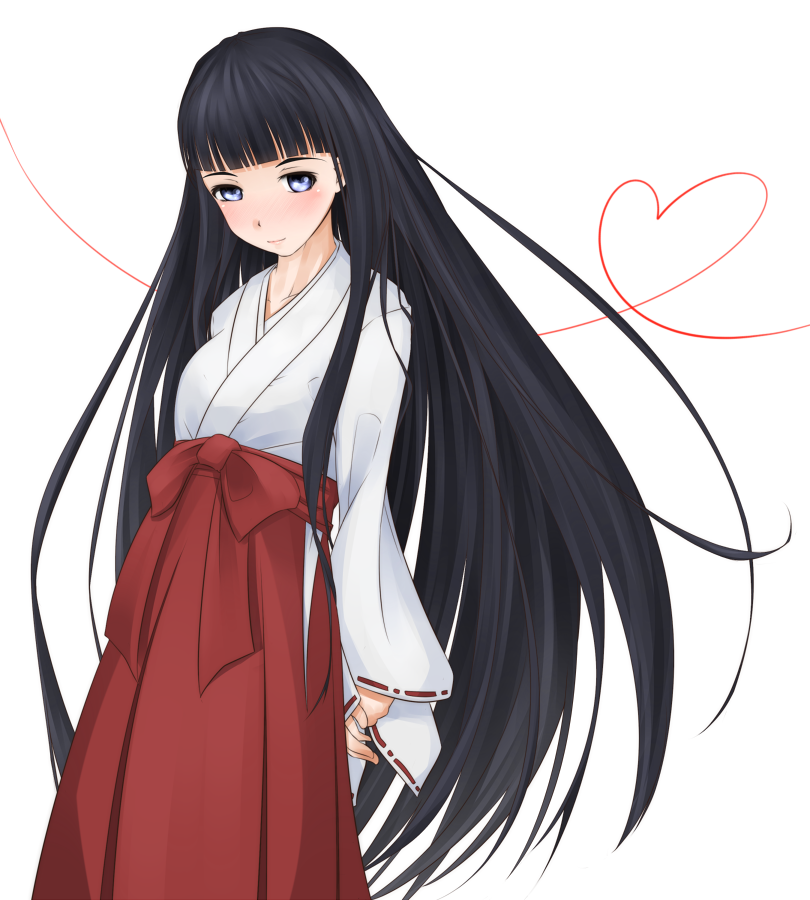 1girl black_hair blunt_bangs blush breasts commentary_request feet_out_of_frame hakama hakama_skirt heart hime_cut himegami_aisa japanese_clothes kimono long_hair long_sleeves medium_breasts miko partial_commentary purple_eyes red_hakama shin_(highest1192) sidelocks simple_background skirt solo toaru_majutsu_no_index toaru_majutsu_no_index:_old_testament very_long_hair white_background white_kimono wide_sleeves