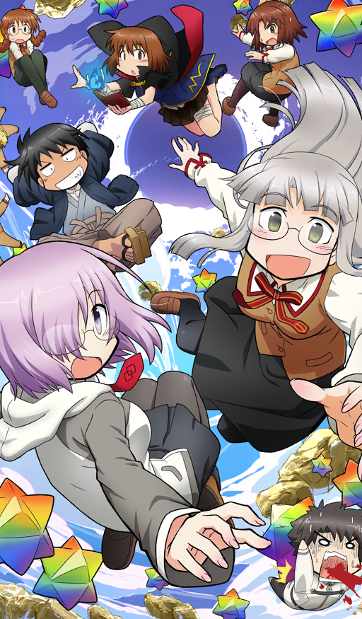 3boys 6+girls ars_almadel_salomonis_(fate) black_cape black_hair black_haori black_pantyhose black_skirt blonde_hair blood blood_from_mouth blue_fire blue_shoes blue_sky blush_stickers book braid brown_hair brown_hakama brown_pants brown_shoes brown_vest cape chaldea_uniform commentary dark-skinned_female dark_skin falling fate/grand_order fate_(series) fire fujimaru_ritsuka_(male) full_body geta glasses gotou_gai green_eyes grey_hair grey_jacket grey_kimono hair_over_one_eye hakama hakama_pants haori himuro_kane himuro_no_tenchi holding holding_book homurabara_academy_school_uniform jacket japanese_clothes kimono long_sleeves looking_at_viewer low_twin_braids makidera_kaede mash_kyrielight medium_hair medium_skirt midair miniskirt multiple_boys multiple_girls nagamori_masato official_art open_book open_mouth out_of_frame pants pantyhose pink_hair pleated_skirt purple_eyes red_ribbon ribbon rock ryuudou_issei saegusa_yukika saeki_naomi saint_quartz_(fate) school_uniform shirt shoes short_hair sidelocks skirt sky smile stellated_octahedron sweat third-party_source tomboy twin_braids two-sided_cape two-sided_fabric v-shaped_eyebrows vest white_jacket white_shirt