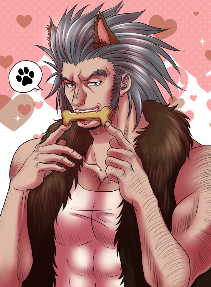 1boy animal_ears arm_hair bara dog_boy dog_ears hair_slicked_back hand_hair history1357 hunter_x_hunter kemonomimi_mode long_sideburns male_focus mature_male medium_hair mouth_hold muscular muscular_male paw_print pectoral_cleavage pectorals sideburns solo thick_eyebrows upper_body uvogin