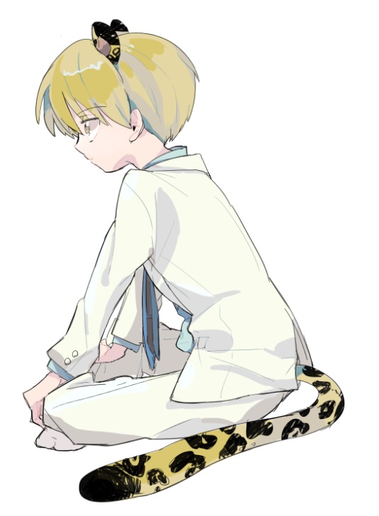 1boy animal_ears blonde_hair collared_shirt formal_clothes from_side full_body hayama_akito jacket kodomo_no_omocha leopard male_focus necktie profile shika_(sisi53) shirt simple_background sitting socks solo tail white_background white_socks yellow_eyes