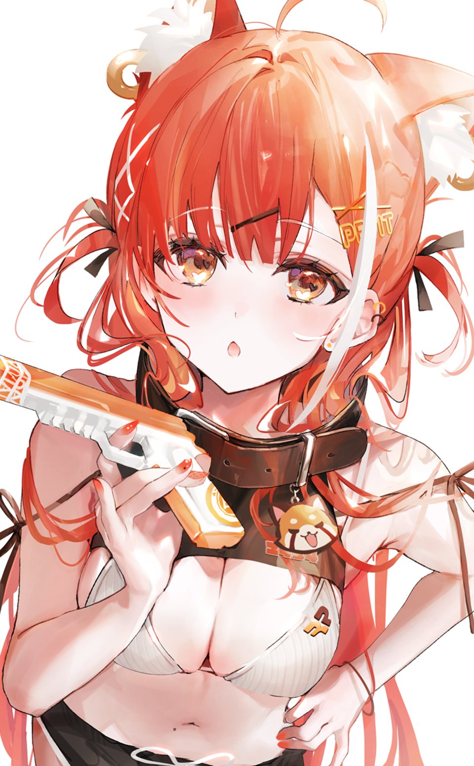 1girl :o ahoge alternate_costume animal_ear_fluff animal_ear_piercing animal_ears belt bikini bikini_top_only black_shorts blush bracelet breasts brown_belt brown_bracelet brown_ribbon cleavage commentary_request ear_piercing earrings fingernails hair_ornament hair_ribbon hairpin hand_on_own_hip heart heart_in_eye highres jewelry long_hair medium_breasts mole mole_on_stomach multicolored_hair multiple_hairpins nail_polish navel nijisanji orange_eyes orange_hair orange_nails parted_bangs pendant piercing ratna_petit red_panda ribbon shia_job shorts simple_background solo streaked_hair swimsuit symbol_in_eye very_long_hair virtual_youtuber water_gun white_background white_bikini white_hair