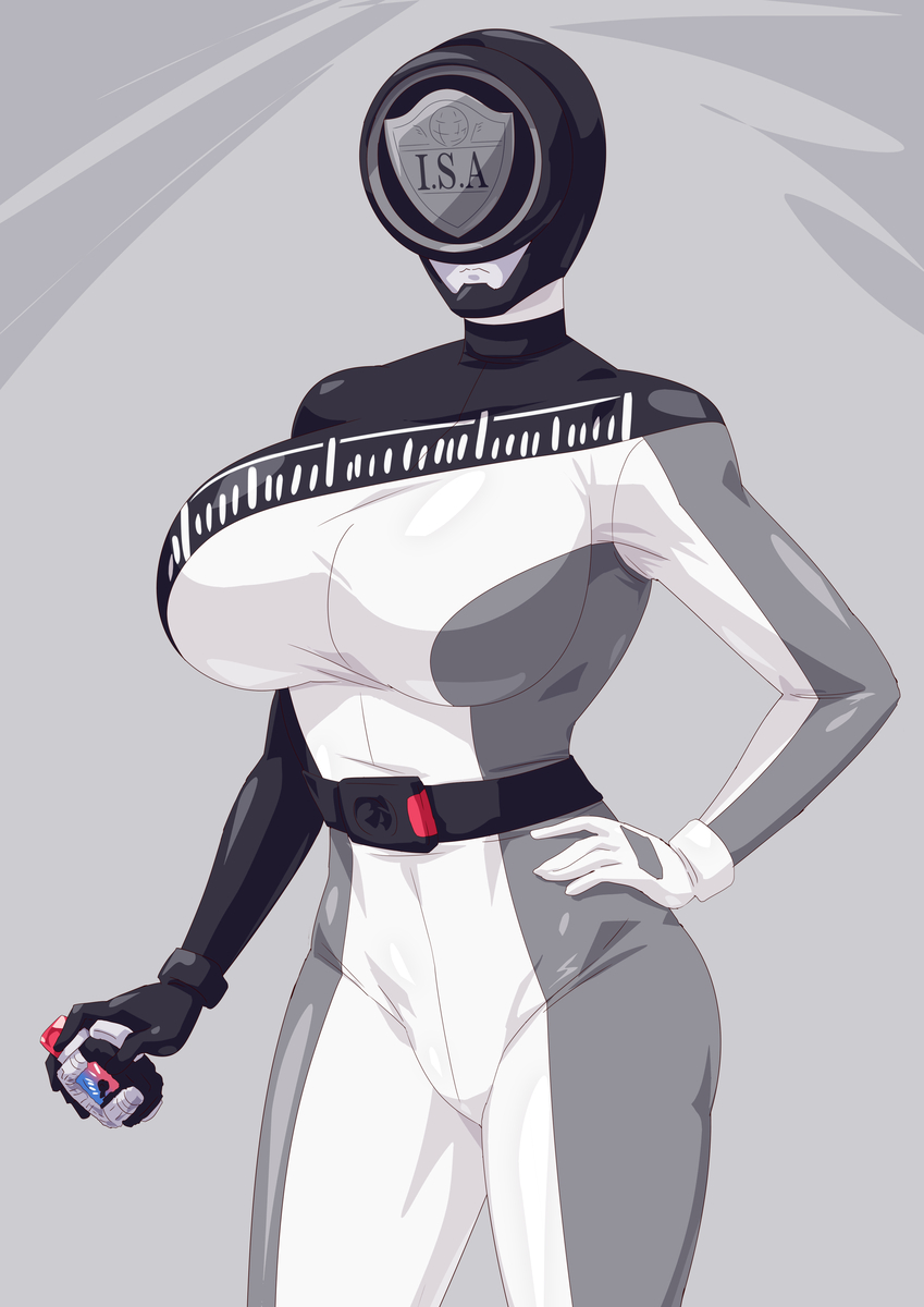 1girl alternate_breast_size bakuage_sentai_boonboomger black_hair black_helmet bodysuit breasts bun_black glasses grey_eyes hand_on_own_hip helmet highres large_breasts otokamu saibu_shirabe solo super_sentai