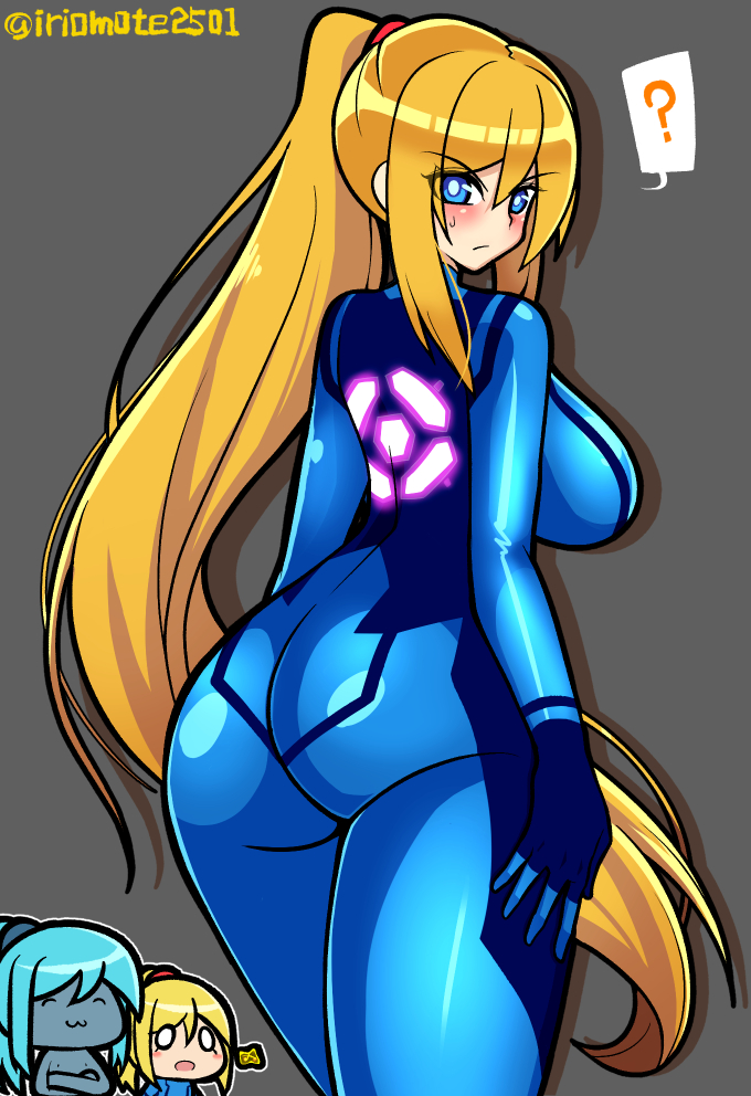 3girls ? ass black_eyes blonde_hair blue_eyes blue_hair blush breasts chibi clone closed_eyes dark_samus grey_background hand_on_own_knee iriomote_umineko large_breasts looking_at_viewer looking_back metroid multiple_girls nintendo nude ponytail sa-x samus_aran shadow skin_tight symbol twitter_username white_background wow x_parasite zero_suit