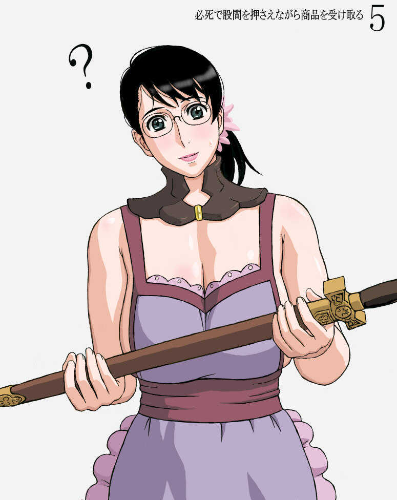 1girl ? apron bare_shoulders black_hair blush breasts cattleya_(queen&#039;s_blade) cleavage female_focus flower glasses hair_ornament head_tilt holding housewife looking_at_viewer mature_female ponytail queen&#039;s_blade short_hair sideboob simple_background solo sweat sword translation_request upper_body weapon white_background x_bokkis