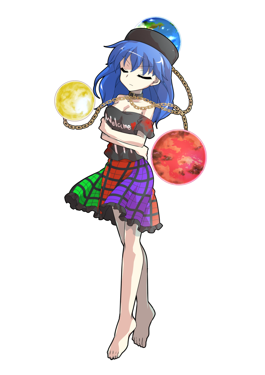 1girl alphes_(style) bare_shoulders barefoot black_choker black_hat black_shirt blue_hair breasts chain choker closed_eyes closed_mouth clothes_writing collarbone commentary_request commission crossed_arms dairi earth_(ornament) frills full_body gold_chain green_skirt hair_between_eyes hat heart heart_print hecatia_lapislazuli hecatia_lapislazuli_(earth) highres medium_breasts medium_hair moon_(ornament) multicolored_skirt off-shoulder_shirt off_shoulder parody plaid_clothes plaid_skirt purple_skirt red_skirt shirt short_sleeves simple_background skeb_commission skirt solo standing style_parody t-shirt tachi-e touhou touhou_sangetsusei transparent_background underworld_(ornament) v-shaped_eyebrows