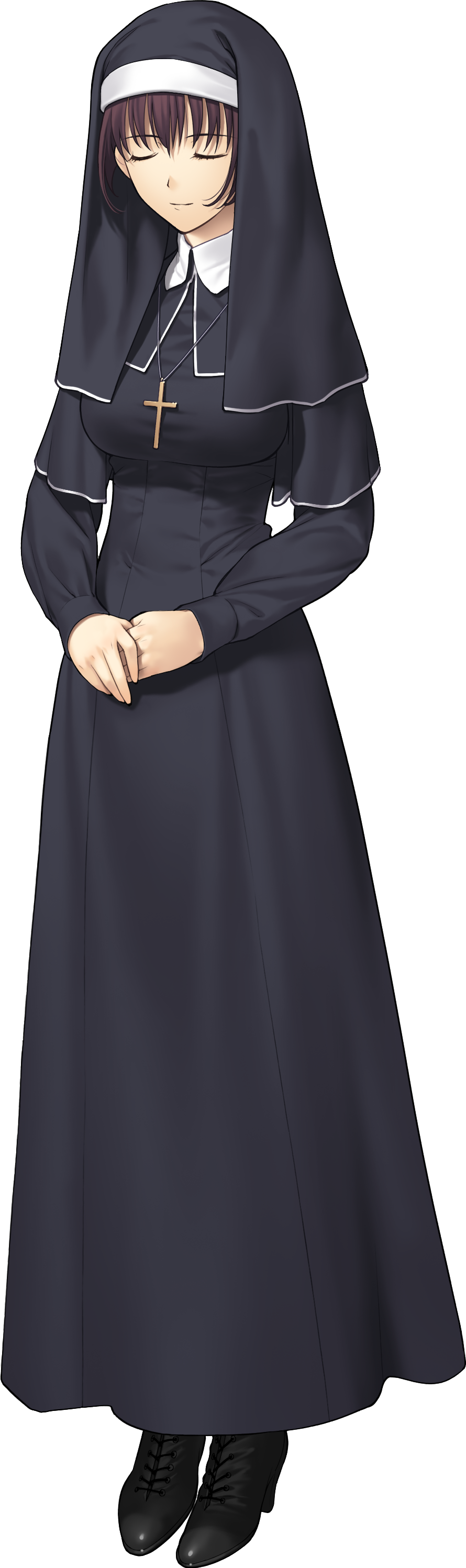 1girl absurdres brown_hair closed_eyes cross cross_necklace female_focus full_body highres jewelry mahou_tsukai_no_yoru necklace nun official_art solo suse_yuika traditional_nun transparent_background