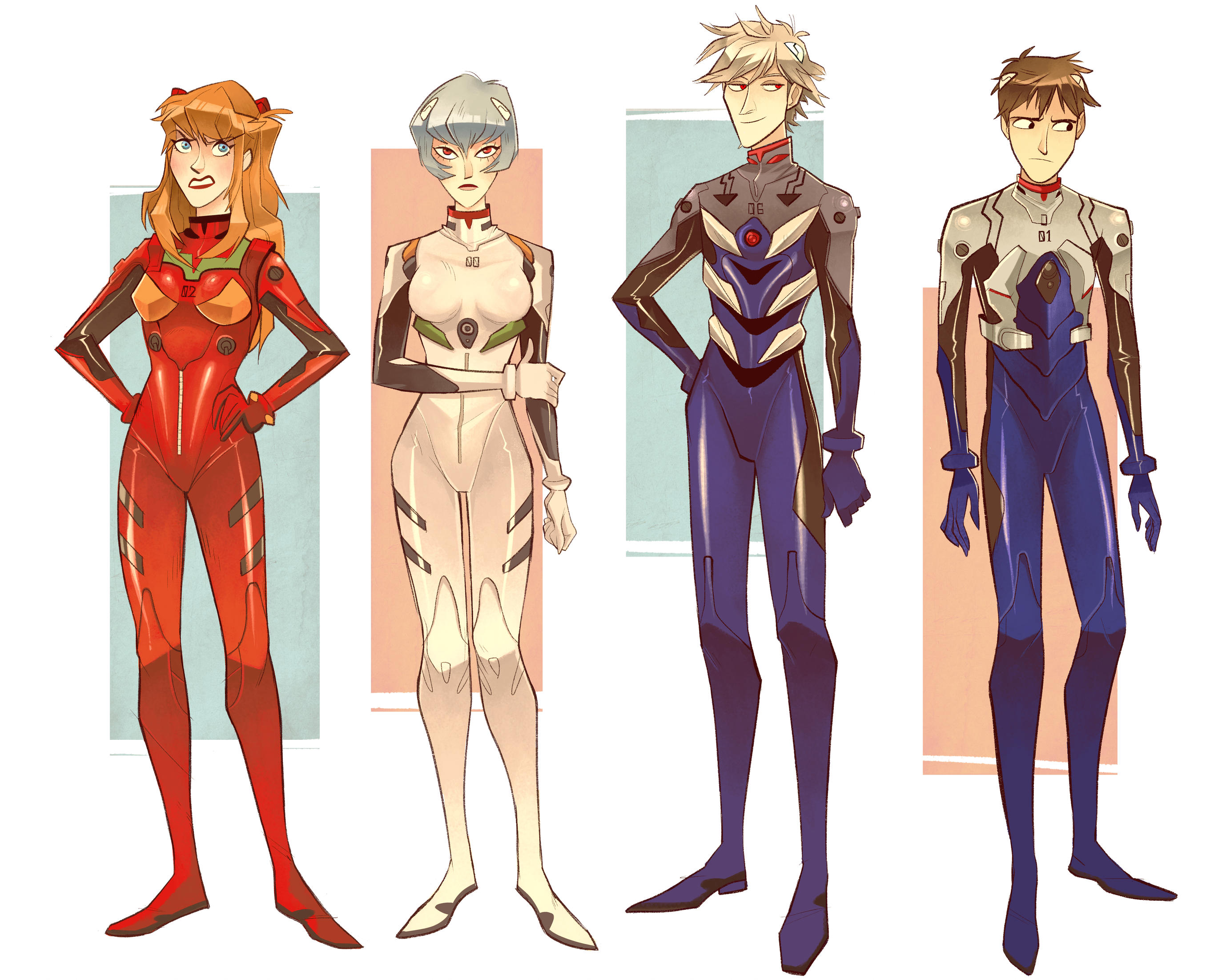 2boys 2girls annoyed arm_at_side arms_at_sides averting_eyes ayanami_rei black_bodysuit black_eyes black_trim blue_bodysuit blue_eyes blue_hair bob_cut bodysuit breasts brown_hair closed_mouth commentary deadpan english_commentary expressionless full_body furrowed_brow green_trim grey_bodysuit grey_hair grimace hand_on_own_arm hand_on_own_hip hands_on_own_hips highres ikari_shinji interface_headset_(evangelion) light_frown light_smile lipstick long_hair looking_at_another looking_at_viewer looking_to_the_side makeup mecha_pilot_suit medium_breasts multiple_boys multiple_girls nagisa_kaworu neon_genesis_evangelion orange_trim parted_lips pink_lips plugsuit_(evangelion) rectangle red_bodysuit red_eyes red_hair red_lips short_hair sidelocks smug souryuu_asuka_langley standing straight-on thigh_gap two-tone_bodysuit v-shaped_eyebrows white_background white_bodysuit xim_(nadiezda11)