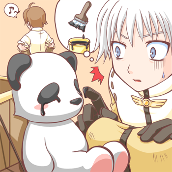 2boys ^_^ acolyte_(ragnarok_online) black_gloves blacksmith_(ragnarok_online) blue_eyes brown_background brown_hair closed_eyes commentary_request gloves hiruankou lowres male_focus multiple_boys musical_note open_mouth paint ragnarok_online shirt short_hair spoken_musical_note stuffed_animal stuffed_panda stuffed_toy sweatdrop upper_body white_hair white_shirt