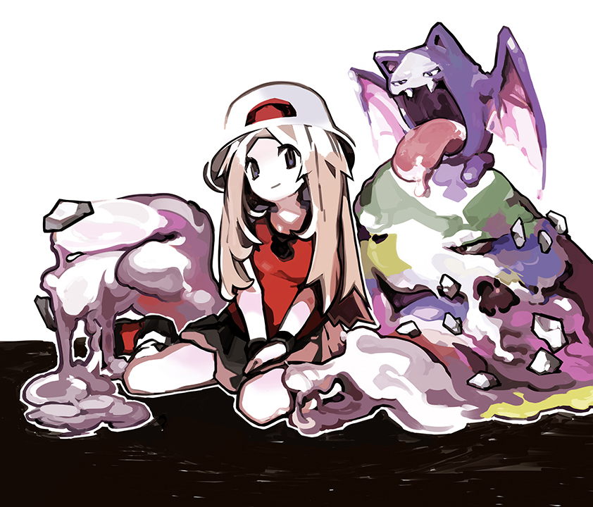 1girl alolan_form alolan_muk black_skirt brown_hair closed_mouth commentary gen_1_pokemon gen_7_pokemon golbat grey_eyes hat leaf_(pokemon) lillin long_hair nintendo outline pokemon pokemon_(creature) pokemon_frlg red_footwear red_shirt shirt shoes sitting skirt sleeveless sleeveless_shirt smile white_background white_headwear