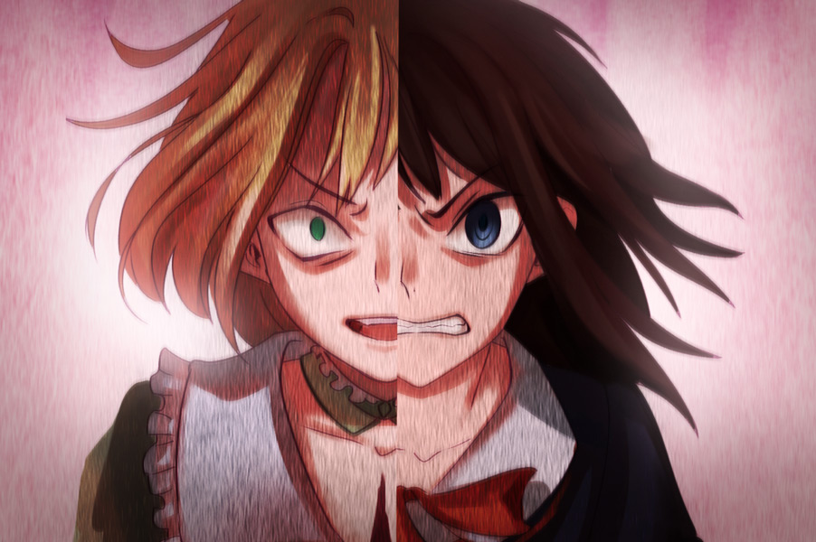 2girls angry black_hair blonde_hair blue_eyes blue_shirt clenched_teeth collar constricted_pupils dark_background detached_collar drawfag fate/prototype fate_(series) green_collar green_eyes green_shirt medium_hair multiple_girls neck_ribbon open_mouth parody red_ribbon ribbon sajou_ayaka_(fate/prototype) sajou_manaka shirt short_hair siblings sisters teeth white_collar