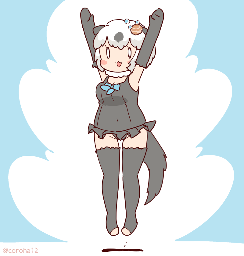 1girl animal_ears arms_up blue_background californian_sea_otter_(kemono_friends) coroha elbow_gloves extra_ears full_body gloves hair_ornament jumping kemono_friends looking_at_viewer otter_ears otter_girl otter_tail scarf short_hair simple_background solo swimsuit tail thighhighs white_hair