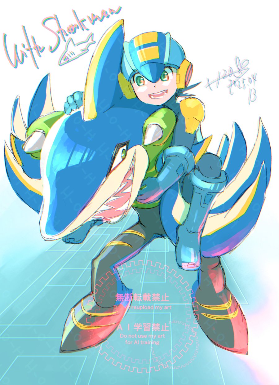 blue_bodysuit blue_helmet bodysuit carrying dated full_body green_eyes h2o_(gueguecamp) helmet highres mega_man_(series) mega_man_battle_network_(series) megaman.exe piggyback shark sharkman.exe signature