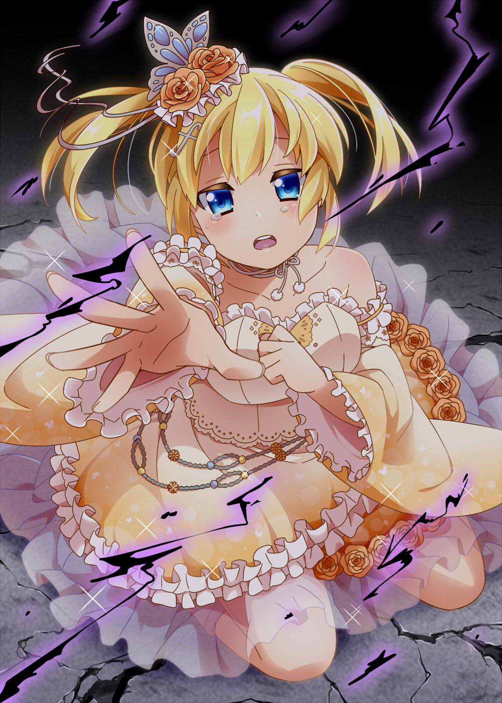 1girl battle_girl_high_school blonde_hair blue_eyes collarbone crying detached_sleeves dress energy glint hair_ornament highres hiruma_neru kneeling kougami_kanon looking_at_viewer open_mouth reaching reaching_towards_viewer solo twintails yellow_dress