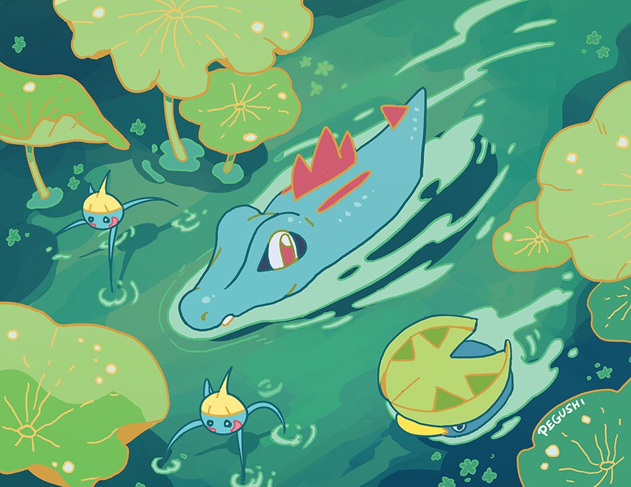 artist_name brown_eyes commentary_request from_above gen_2_pokemon gen_3_pokemon looking_at_another lotad nintendo no_humans pegushi plant plant_request pokemon pokemon_(creature) surskit swimming totodile walking walking_on_liquid water