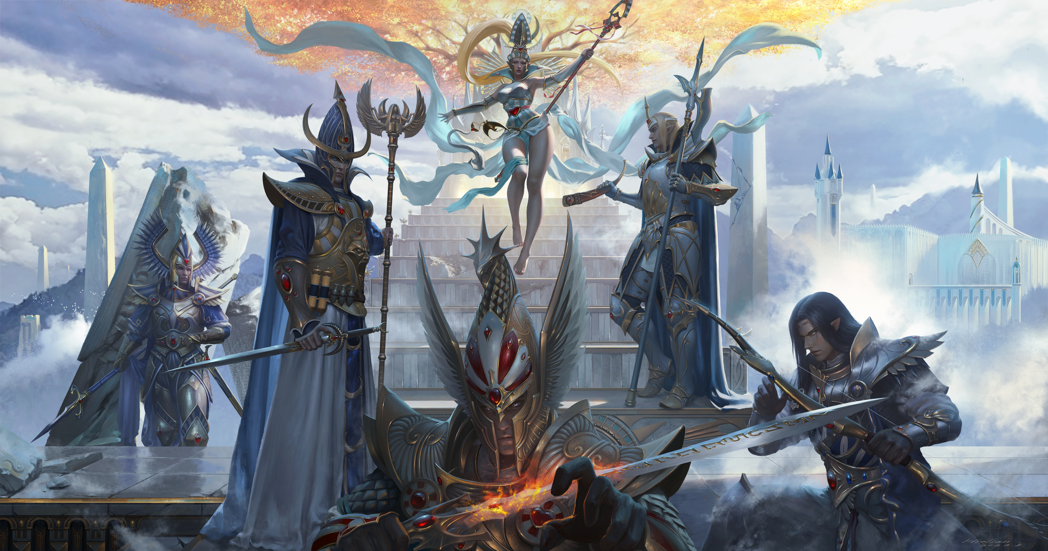 1girl 5boys absurdres alarielle_the_radiant alith_anar_(warhammer) armor armored_boots artist_request black_hair blonde_hair boots bow_(weapon) breastplate breasts cape closed_mouth elbow_gloves elf eltharion_(warhammer) fire flaming_sword flaming_weapon floating full_body gauntlets gloves greaves high_elves_(warhammer_fantasy) highres holding holding_bow_(weapon) holding_polearm holding_staff holding_sword holding_weapon long_hair long_sleeves looking_at_viewer mage_staff multiple_boys pauldrons pointy_ears polearm prince_imrik shoulder_armor sky staff standing sword teclis_(warhammer) total_war total_war:_warhammer total_war:_warhammer_2 tower tyrion_(warhammer) vambraces very_long_hair warhammer_fantasy weapon