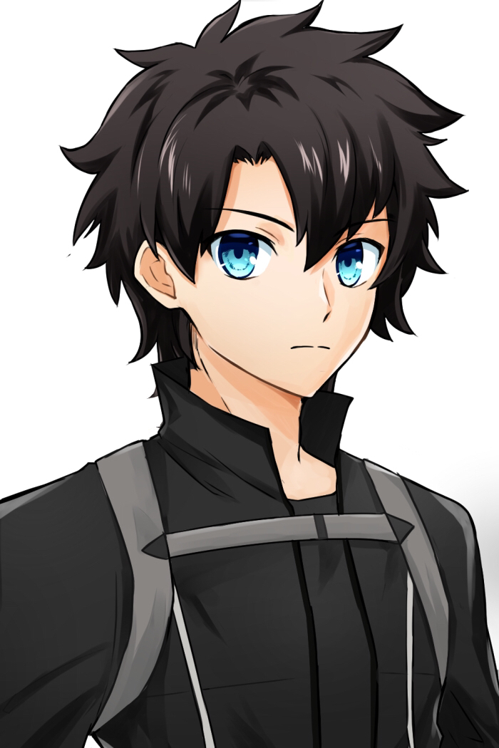 1boy black_hair black_jacket blue_eyes commentary_request fate/grand_order fate_(series) frown fujimaru_ritsuka_(male) fujimaru_ritsuka_(male)_(polar_chaldea_uniform) jacket male_focus simple_background solo torinonest upper_body white_background