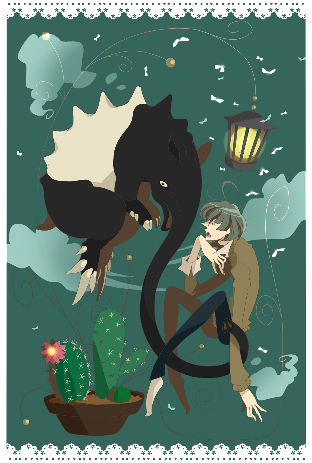 1other ahoge androgynous blue_pants border bug cactus collared_shirt commentary_request closed_eyes firefly flower from_side green_background green_hair highres bug lace_trim lantern long_sleeves open_mouth original pants plant potted_plant profile shirt short_hair simple_background socks sweater tanotsuku_daisuke tapir white_border white_legwear white_shirt