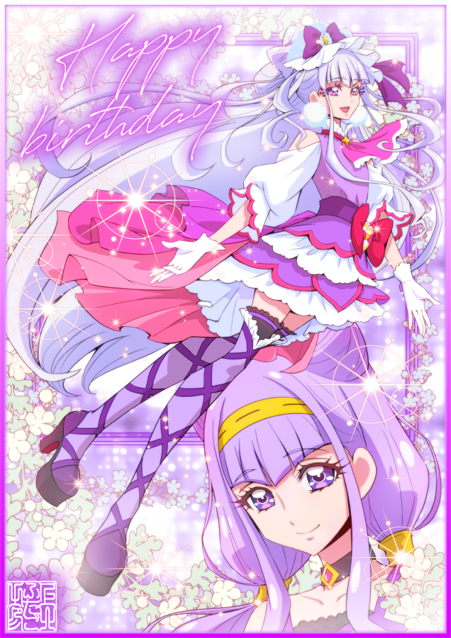 1girl artist_logo ascot bare_shoulders black_choker boots border choker commentary_request cure_amour dress earrings eyelashes flower gloves hair_ornament happy happy_birthday high_heel_boots high_heels hugtto!_precure jewelry kamikita_futago logo long_hair looking_at_viewer magical_girl pom_pom_(clothes) pom_pom_earrings precure purple_ascot purple_border purple_dress purple_eyes purple_hair purple_theme purple_thighhighs ruru_amour signature smile solo thighhighs thighs upper_body white_gloves