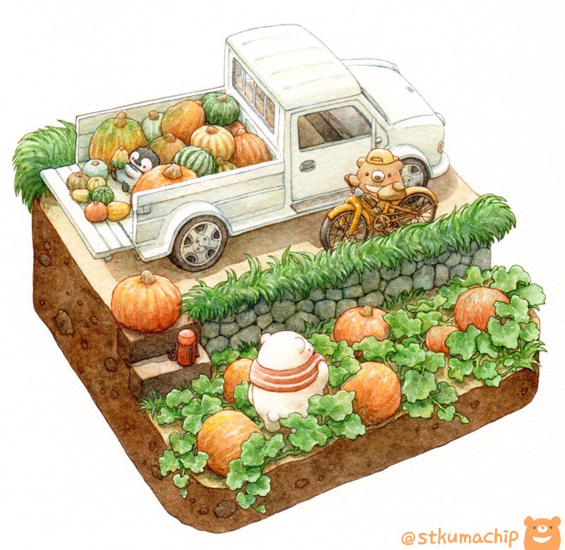 artist_name autumn autumn_leaves backwards_hat bear bicycle bird black_eyes blue_bow blue_neckwear blush bow bowtie day flatbed_truck hat isometric leaf looking_at_another looking_away lying motor_vehicle no_humans on_back orange_hat original outdoors penguin pickup_truck pumpkin scarf st.kuma standing truck twitter_username