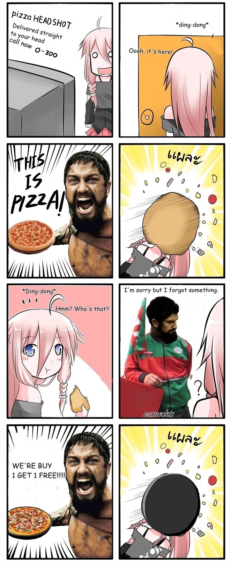 1boy 1girl 300_(movie) 4koma ahoge black_hair blue_hair braid cape catstudioinc_(punepuni) comic highres ia_(vocaloid) leonidas translated vocaloid