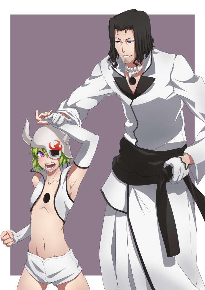 1boy 1girl arrancar black_hair bleach blue_eyes coyote_starrk facial_hair flat_chest gloves green_hair helmet lilynette_gingerbuck midriff namakemono_(u446644k) purple_eyes