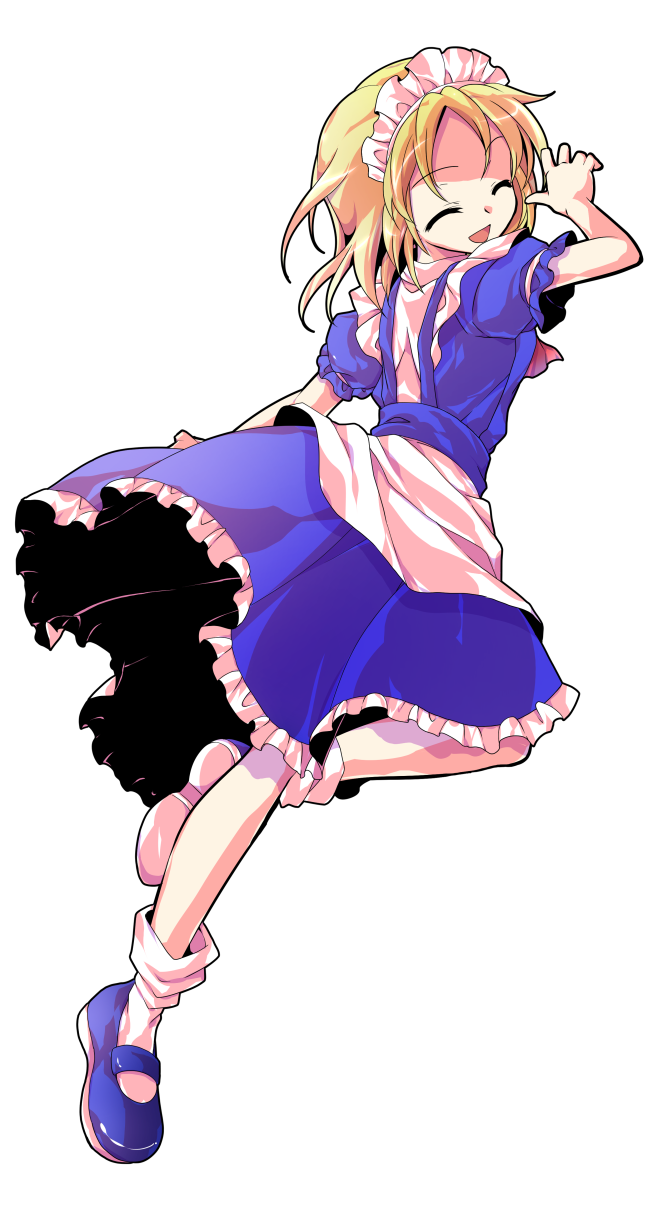 1girl alphes_(style) apron arm_at_side ascot bare_arms blonde_hair blue_shoes bobby_socks closed_eyes closed_mouth commentary_request dairi dress frilled_dress frills full_body highres large_variant_set maid maid_headdress mary_janes mugetsu_(touhou) parody puffy_short_sleeves puffy_sleeves red_ascot shoes short_hair short_sleeves socks solo style_parody touhou touhou_(pc-98) transparent_background variant_set waist_apron white_apron white_socks