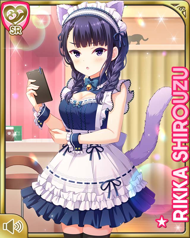 1girl :o animal_ears apron bell black_dress black_hair black_leggings bow braid breasts cafe card_(medium) cat_ears cat_girl cat_tail character_name collar day dress fake_animal_ears fake_tail girlfriend_(kari) indoors jewelry leggings maid maid_headdress medium_hair official_art open_mouth purple_eyes qp:flapper shirouzu_rikka small_breasts solo standing tagme tail twin_braids uneven_bangs white_apron white_headdress
